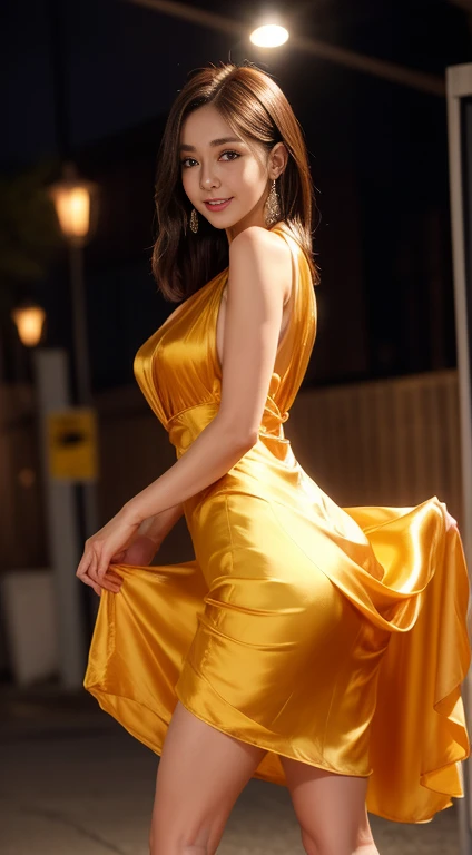 8k, masterpiece, RAW photo, best quality, photorealistic, extremely detailed CG unity 8k wallpaper, Depth of field, Cinematic Light, Lens Flare, Ray tracing, (extremely beautiful face, beautiful lips, beautiful eyes), intricate detail face, ((ultra detailed skin)) 1girl, in the dark, deep shadow, pretty Asian girl, idol, 1 girl, (very slim slender fit-muscled body:1.3), ((looking at viewer)),(big smile:1.3), (tight satin yellow laced blouse), ((satin yellow color blouse)), (short sleeve) , (city night, dark night, (neon sign), (blurred background), dim lights, cityscape, rooftops, beautiful earrings, bracelets, necklace, pantyhose, clear eyes, (pale skin), (big eyes), face forward, ((upper body shot)), (silk satin yellow color above knee length skirt), (brown hairs),((satin yellow laced skirt)), (looking at viewer:1.3), (very slim), Breast, super round big breasts under the dress, ((flooming laced)), updo hair, mini skirt, short hair, short skirt