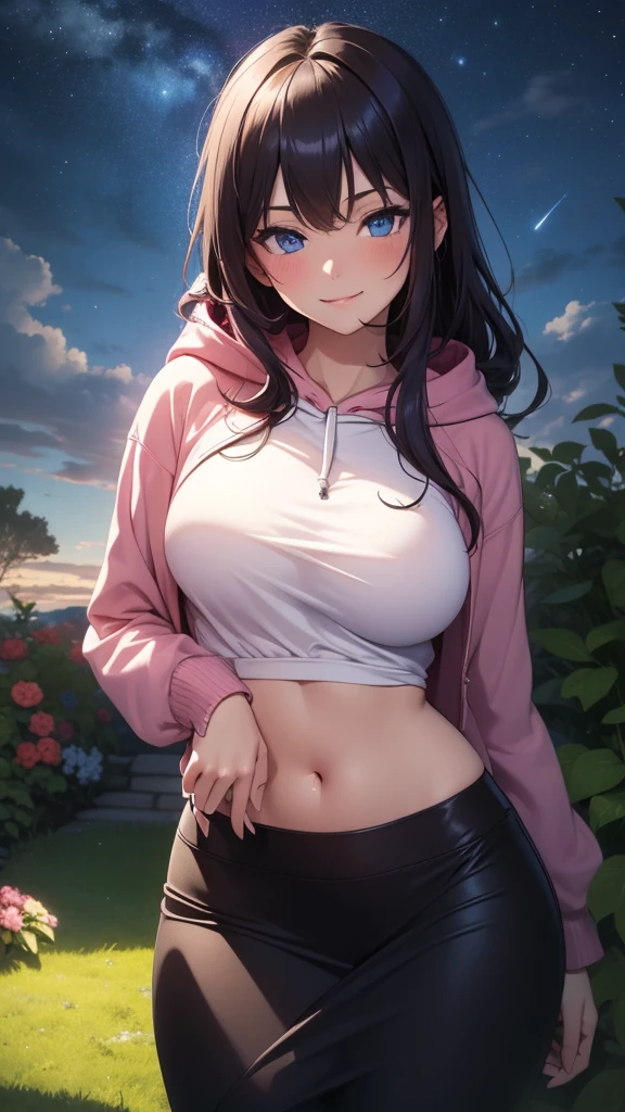 Adult anime girl sitting on couch she is wearing light gray sweatpants and her bra is out. Big tits. Her blue sweater is almost completely off exposing her cyan bra.