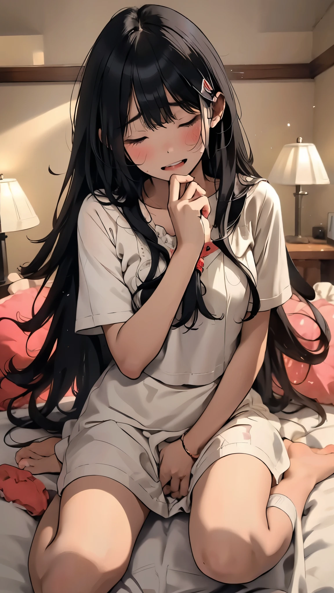 One person, Lying in bed, Sleeping on your back, Black Hair, Long Hair, underwear, White panties,, (background: On the bed in the bedroom), Embarrassed face,upset,Embarrassing,Open your mouth,blush, Anguished expression,beautiful girl, Sweaty wet skin: 1.3,From above,sunset, high quality, High resolution, detailed, masterpiece、masturbation、Masturbation、Touching pussy、socks、