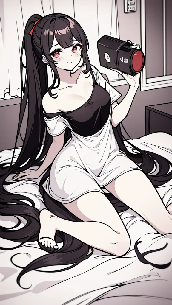 using pantimedies, wavy black hair, piercing look with deep red eyes, average stature, Waist length hair, Silky hair with a ponytail hairstyle collected with a red bow with two white lines, has a vagina, has breasts, cup of breasts, small breasts, slim, foreground, Session, sitting in her room, standing in his room, wearing pantyhose, using pantimedies, Picardias, neckline, looking at the viewer, lascivious smile, ((oversized t-shirt)), off the shoulders, without pants, washing machines, thighs, ((White T-shirt)), standing, hands on the hips,, shoes, blush, from below, thighs gorditos, thighs grandes, big ass