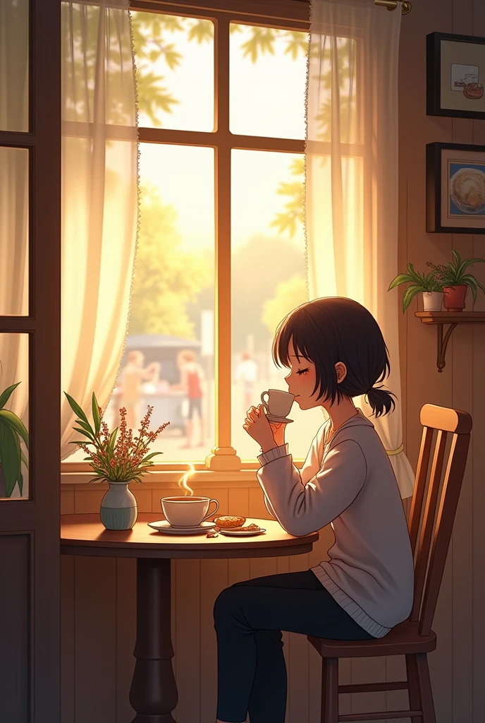 A girl in short sleeves drinking cold juice at a coffee shop、cute、Perfect anime、summer、evening、Nostalgia、Back view
