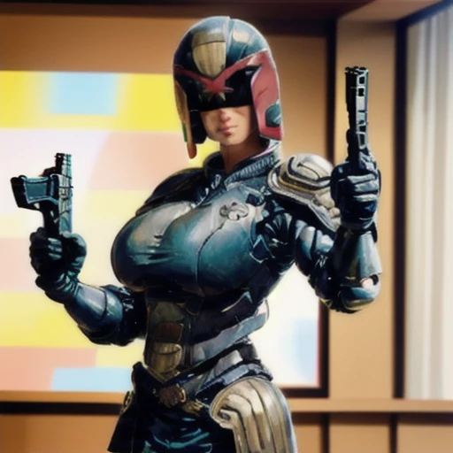 One girl, Helmet, armor, uniform, Pointing a Gun, pistol, Contrapposto jdgdrdd, View your viewers, indoor, Bokeh, Portraiture, Film Grain,Big Breasts