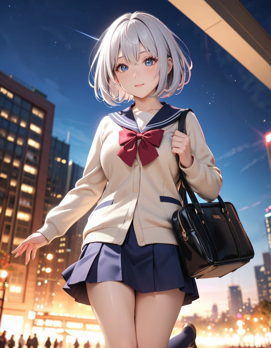 masterpiece, glowing particles, ambient lights, cute, 8K, hdr, high details, perfect lighting, perfect anatomy, BREAK (shiny silver hair:1.2), (bob cut, bang between eyes, beautiful hair), (glossy silver eyes:1.5), (beautiful eyes, twinkle eyes, large eyes), (athlete body, large breasts), cute face, beautiful face, pretty face, beautiful, best quality, good anatomy, long eyelashes, expressive eyes, Perfect Hands, perfecteyes, BREAK morning, high school uniform, beige cardigan, city, jumping, in the air, holding school bag, 