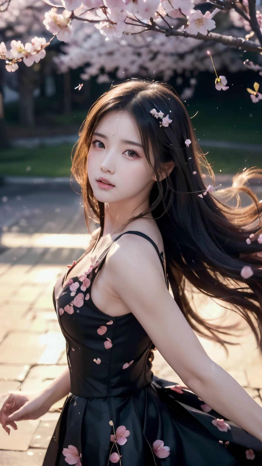 (logo, masterpiece, 8k, tabletop, RAW photos, amazing, top quality, Photorealistic and very detailed CG Integrated 8k Wallpaper, high quality, very detailed, epic, particle effects, Dynamic effects, 문자 경계 깊this, (movie lights, lens flare, ray tracing), fancy, (single beautiful woman, dress, one piece, black hair, beautiful face, real face, Beautiful eyes in detail, beautiful skin, long hair fluttering in the wind, Long hair bouncing , long hair dancing in the wind), (Cherry Blossom, cherry tree, cherry blossom Petal dance, Cherry Blossom 눈보라, falling petals), wind blowing hair, 머리카락this 날다, pink Cherry Blossom, Petal dance, Cherry Blossom 눈보라, nice scenery, 해돋this , background sun, wind, gods, this, 신성한 this야기, A vast expanse of land