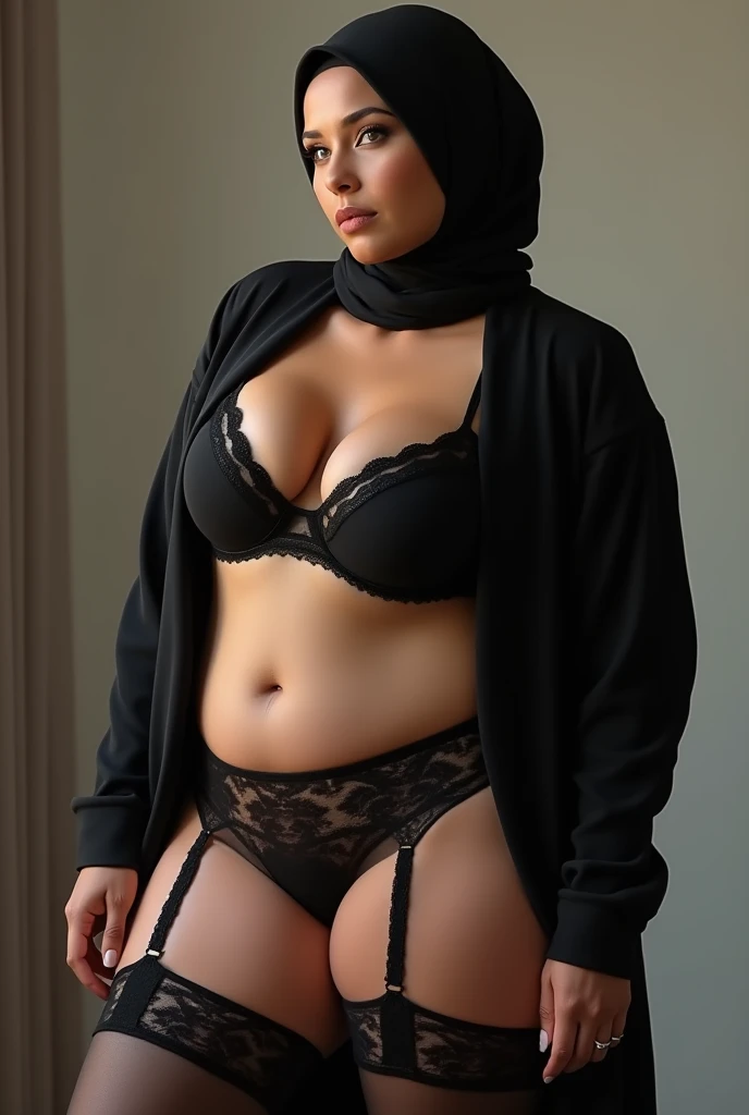 A hijab girl with big  wearing wet lingerie, lying in the bed, with open mouth and close eyes