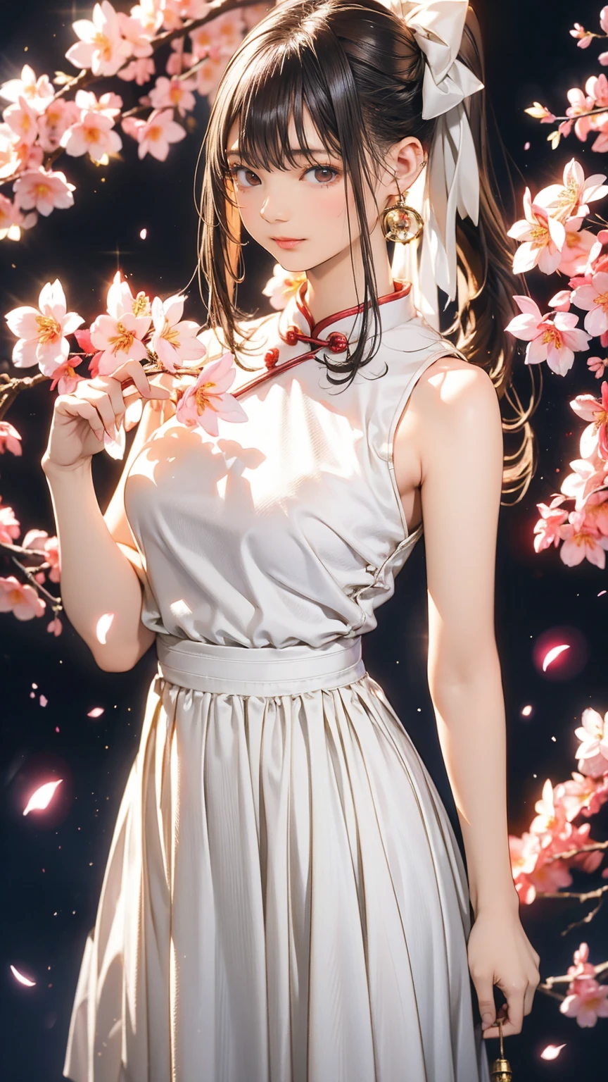 1 girl、(White Chinese Dress:1.2)、(RAW Photos、Highest quality)、(Genuine、Realistic:1.4)、masterpiece、Very delicate and beautiful、非常にdetailed、2k wallpaper、wonderful、detailed、非常にdetailed CGユニティ 8k 壁紙、非常にdetailed、High resolution、Soft Light、美しいdetailed***、非常にdetailed目と顔、美しいdetailed鼻、美しいdetailed特別な目、Cinema Lighting、City lights at night、Perfect Anatomy、Slender body、A light smile、close、(Long hair with bangs)、Large Breasts、Photograph the whole body、ponytail、Holding a dagger、Cherry blossom petals in the background