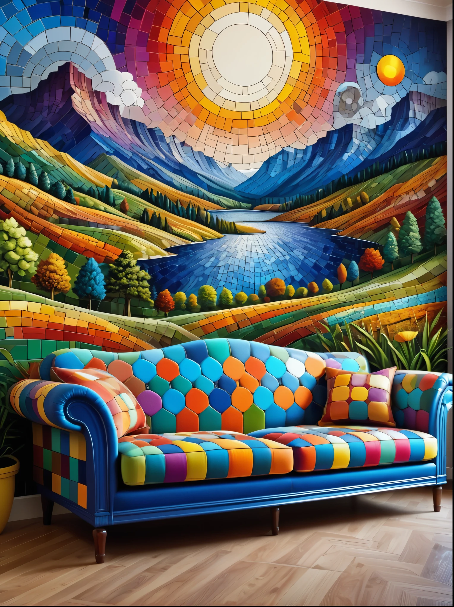 colorful sofa made of mad-tilestyle, in living room, photo of a landscape on the wall (masterpiece:1.2), best quality, (hyperdetailed, highest detailed:1.2), high resolution textures