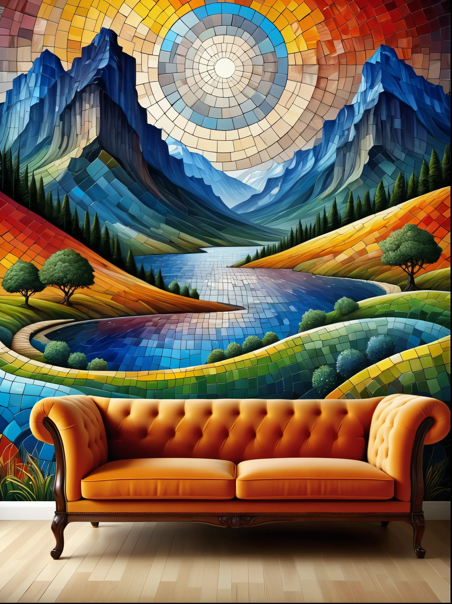 colorful sofa made of mad-tilestyle, in living room, photo of a landscape on the wall (masterpiece:1.2), best quality, (hyperdetailed, highest detailed:1.2), high resolution textures