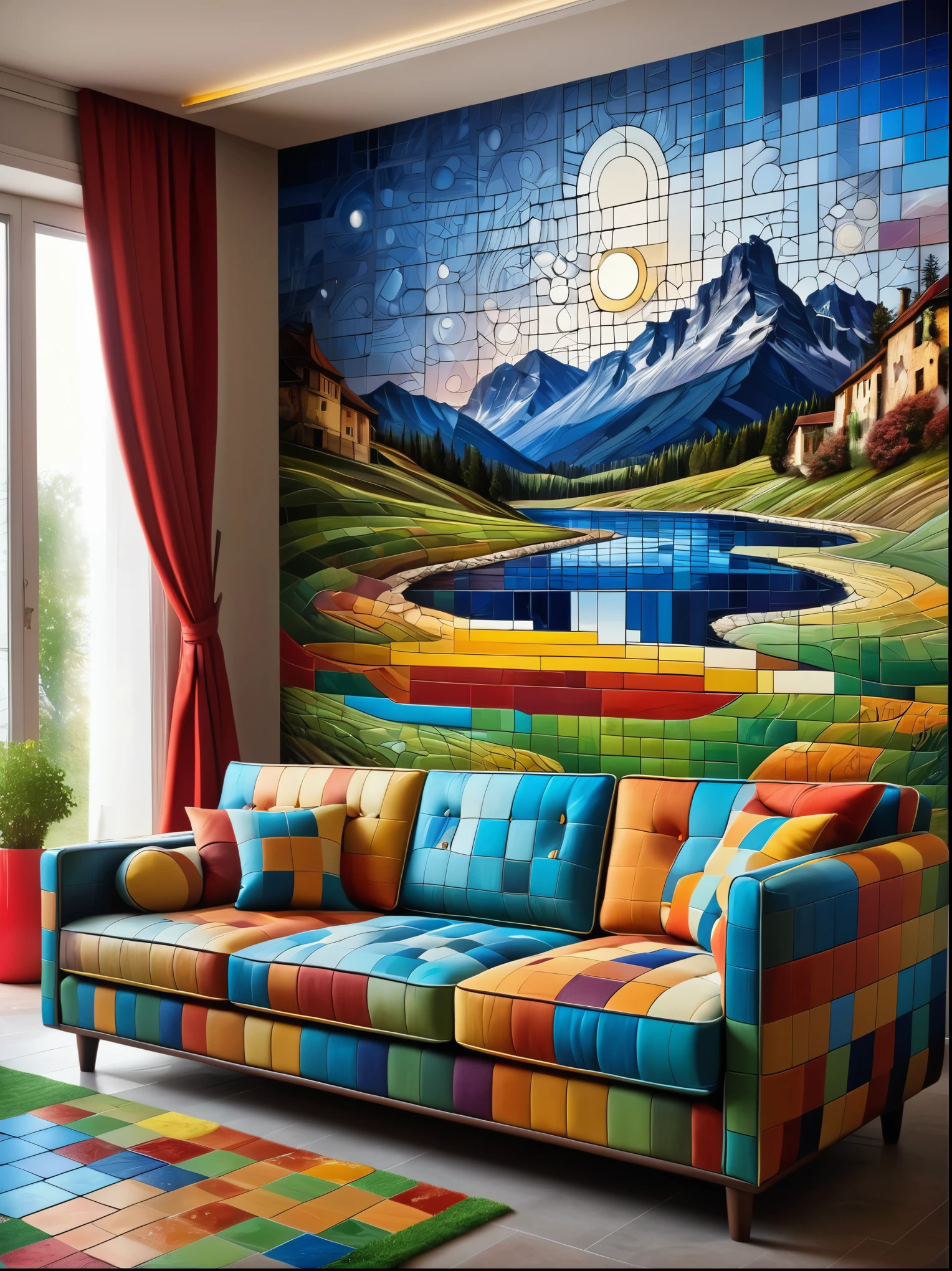 colorful sofa made of mad-tilestyle, in living room, photo of a landscape on the wall (masterpiece:1.2), best quality, (hyperdetailed, highest detailed:1.2), high resolution textures