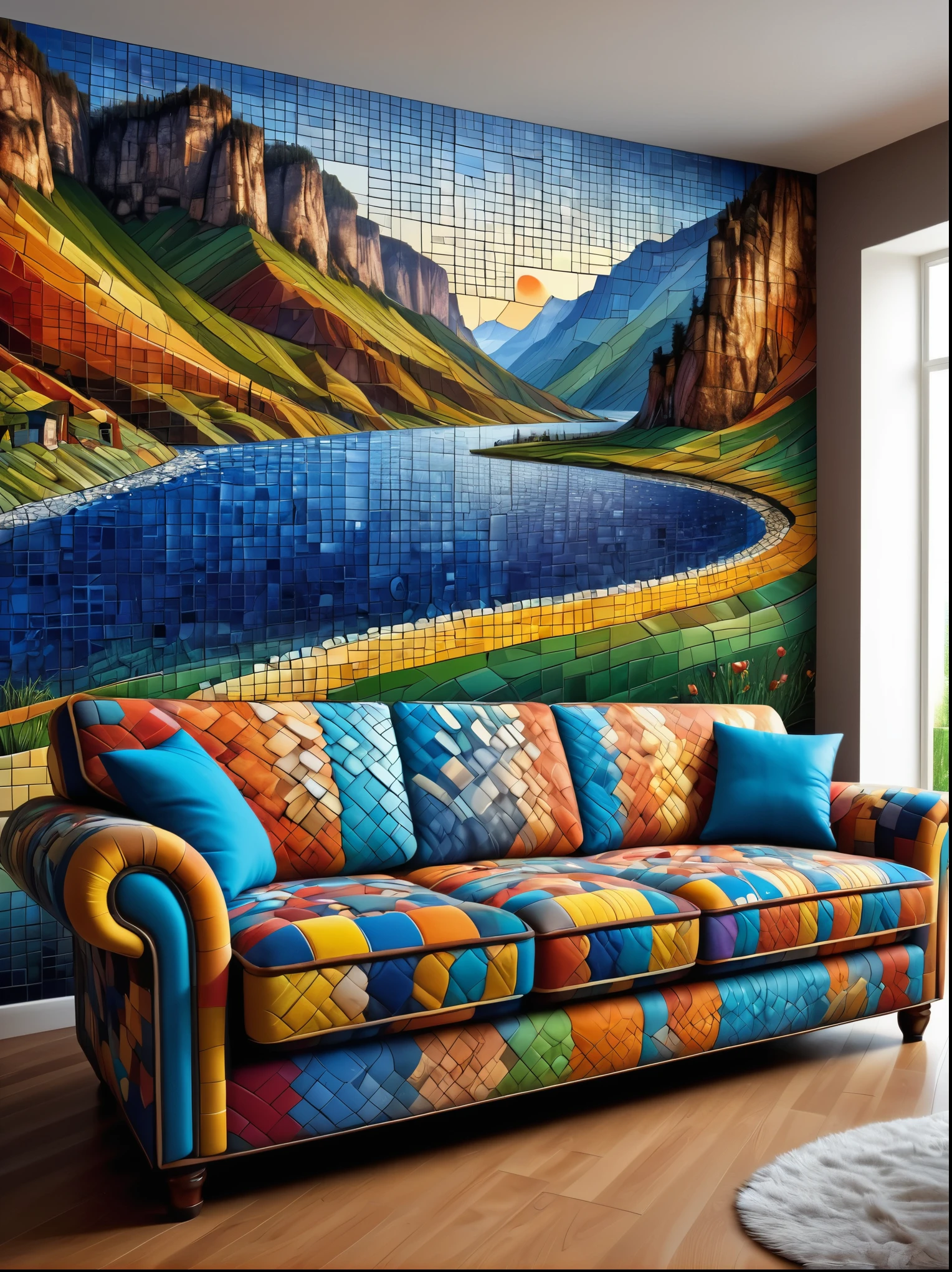 colorful sofa made of mad-tilestyle, in living room, photo of a landscape on the wall (masterpiece:1.2), best quality, (hyperdetailed, highest detailed:1.2), high resolution textures