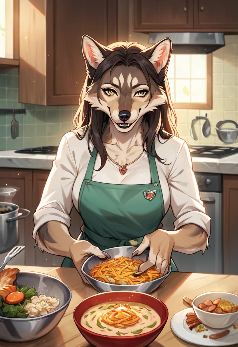 rating_safe, score_9, score_8_up, score_7_up, score_6_up, score_5_up, score_4_up, hires, highres, source_furry, cover page, Cuisine Information Journal(lovers, housekeeper girl, cooking, wolf husband)Newlyweds, kitchen, smile:0.2, perfect anatomy, cinematic lighting,