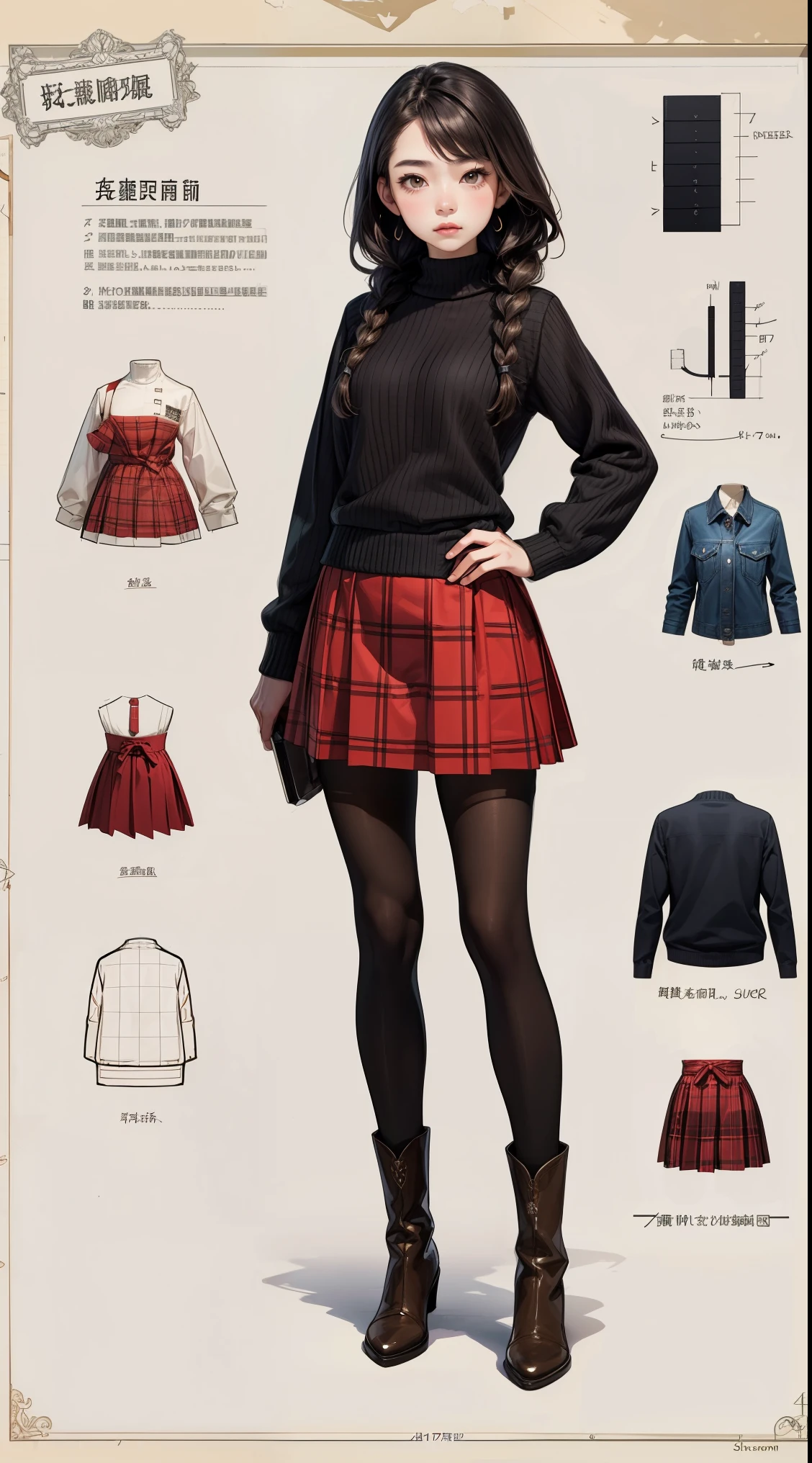 girl, Solitary, whole body, From head to toe, Standing, (huge_Chest:1.3),

Character Design Sheet, Character Reference Form, 設計図のSchematic diagram, Drafting, blueprint, Schematic diagram,
((Character Design Sheet:1.7, Character Reference Form:1.7,)),
(high quality, high resolution, Very detailed, Practical:1.37), Peaceful atmosphere, (outdoor, garden), 十几岁的girl独自Standing, Handheld tile, Small face、Beautiful detailed features, Tired expression、 (Black braids), Ribbed sweater, Red plaid skirt, Black pantyhose, Brown boots.