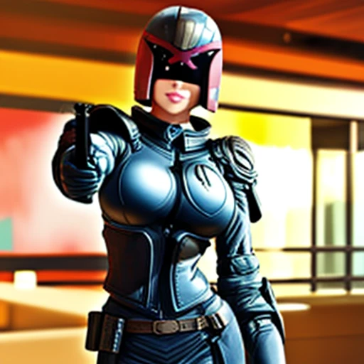 One girl, Helmet, armor, uniform, Pointing a Gun, pistol, Contrapposto jdgdrdd, View your viewers, indoor, Bokeh, Portraiture, Film Grain,Big Breasts、Sexy body