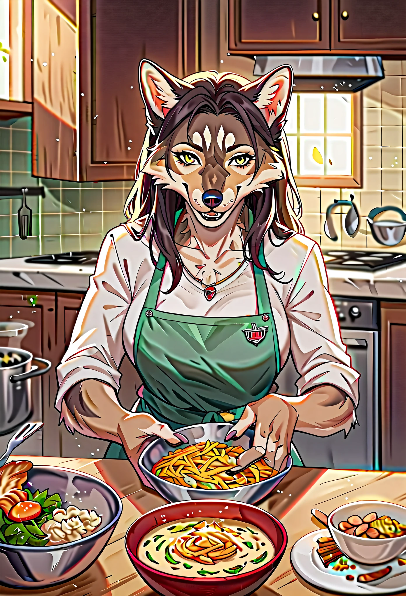 rating_safe, score_9, score_8_up, score_7_up, score_6_up, score_5_up, score_4_up, hires, highres, source_furry, cover page, Cuisine Information Journal(lovers, housekeeper girl, cooking, wolf husband)Newlyweds, kitchen, smile:0.2, perfect anatomy, cinematic lighting,