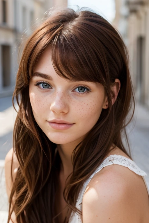 Beautiful 20 year old european  woman with dark auburn hair, bangs, Freckles, dimples: 1.3, blushing, 