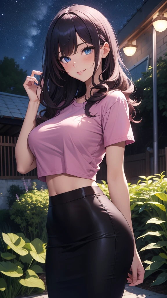 Cute trans girl, green eyes, wavy dark brown hair, fair skin, smiling, C+ cup breasts, bit wide hips, wearing a pink polo top and a pastel light color pleated skirt, small crotch bulge.