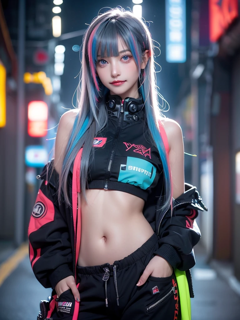 photography awards, masterpiece, blue hair, blue eyes, photorealistic, high resolution, soft light, pink t-shirt, 1women, solo, hips up, Gamer girl, Game center, arcade, shining skin, dynamic pose, bright, Game center background, high background detail, dim light, night, pink headphone