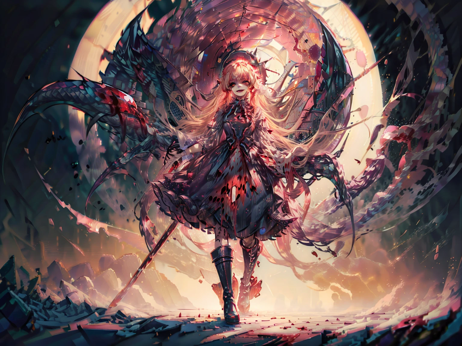 shaded face　、beautiful girl、とてもcute天使、Pink T-shirt、cute、Baby Face、smile、Long skirt、Black long boots、.(Highest quality,4K,High resolution,Masterpiece 1.2),Very detailed,Realistic 1.37,Spooky altar background,Dark fantasy,Red color scheme,Ominous atmosphere,Eye-catching,Storytelling,anatomy,Anime Style,Concept Art,beautiful細部までこだわった顔と (((Red eyes ))),A terrifying ritual ,Satanic Ritual,Premature death,inappropriate behavior,クレイジーなsmile,Scythe Face,Girl Monster, beautiful, Delicate facial features, Sharp Eye, Sharp Fangs, pale skin, Dark Background, Cinema Lighting, Dramatic Shadows, Gothic style, Gloomy atmosphere, Dark fantasy, one person&#39;s, Please open your mouth wide, Open your mouth and baring your teeth,Sharp teeth like a beast, Wide lips, very wide mouth, Vermilion cheeks, ,(Blood splatter1.3),Scary smile, smile,Angel Design, Twisted smile、Bloody、bleeding from the head,,,,,、Blood splatter、,(Blood splatter1.3),skull,Horror Style, ((Fantasy Sweet Ta Frill Pink Costume)), ((Flowing blonde hair)), ,(Blood splatter1.3),Female curves, Sexy flat stomach, Perfect hands, Perfect anime face, (Pink Tata Dress)), Are standing, ((邪悪なsmile)), ,(Blood splatter1.3), Steam circulates, Moonlight Illumination, night lighting, (Blood splatter1.3),アニメAngel Design, Twisted smile、Bloody、bleeding from the head,,,,,、Blood splatter、,(Blood splatter1.3), skull,Gothic architecture、Western architecture、Fantasy World、,Victorian cities, Skeleton Gas Light,Absurd, High resolution、 ((Tabletop)), ((Highest quality)), (Very detailedな), ((Very detailed)), (beautiful), ((cute)), (nfsw1.8), alone,(1.6)、(world&#39;The most terrifying and creepy demon girl 1.5)beautiful face、Whole Body Ezbian、pale, beautiful肌、beautiful金の髪、優しくsmileむ、Dark building ruins、(snow white&#39;Frill dress 1.3)、(The dark ruins are stained with blood 1.3)、Low angle full body shot、(少女は血の海の中にAre standing1.2)、(The ground is .3)、(The girl lost a lot of blood....1.3)、(クレイジーなsmile1.6)、Spirits、(Blood dripping from the mouth 1.3)、
