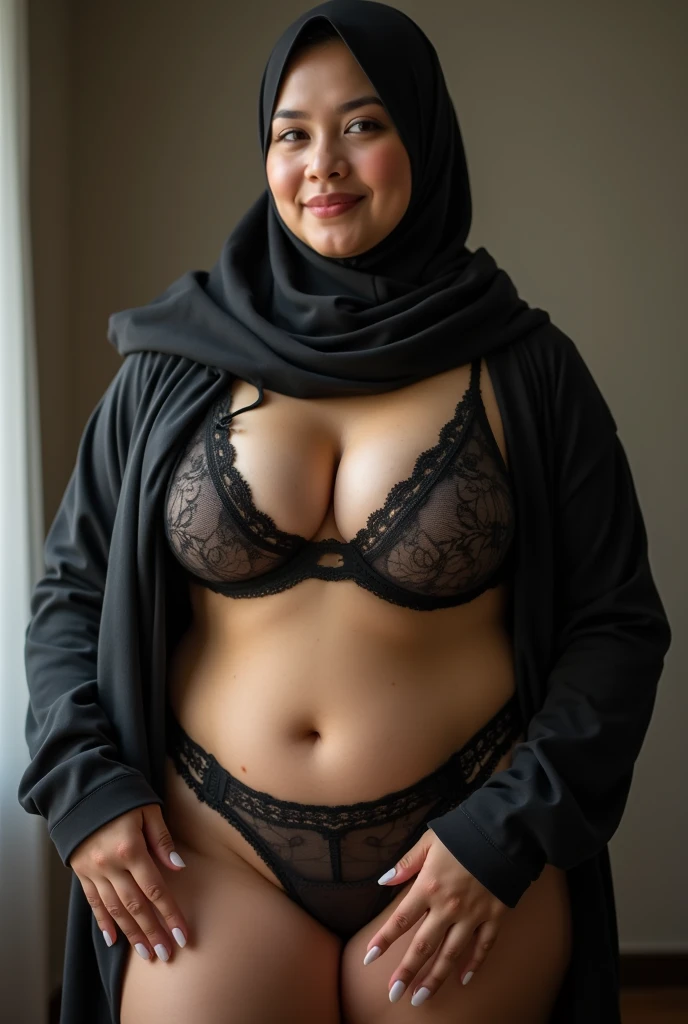 beautiful sexy plump middle-aged woman wearing a hijab, fat body, around 40 years old, wearing sexy lingerie,  model, big breasts, big round breasts, sweet smile, ultra detailed