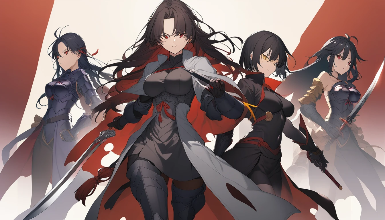 Anime girl, Black Hair, Short Hair, Red Eyes, Holding Red Sword, Psycho Smile, Red Cape, Adventurer Cloth, Night, Realistic Light, Best Quality, 8K,