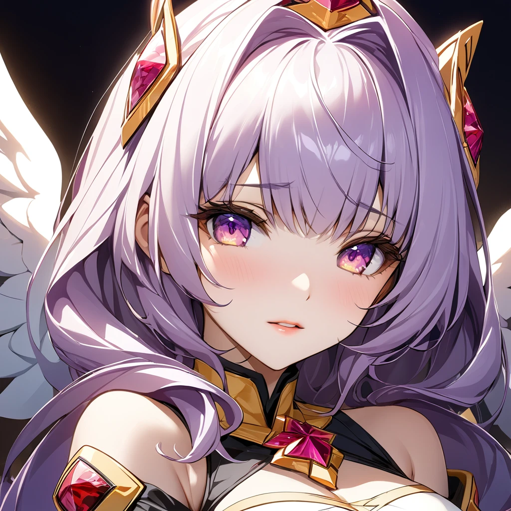 ((Highest quality)), ((masterpiece)), (detailed), （Perfect Face）、The woman has light purple hair in Extia Magica、The woman is blessed by God and brainwashed into becoming an angel loyal to God.