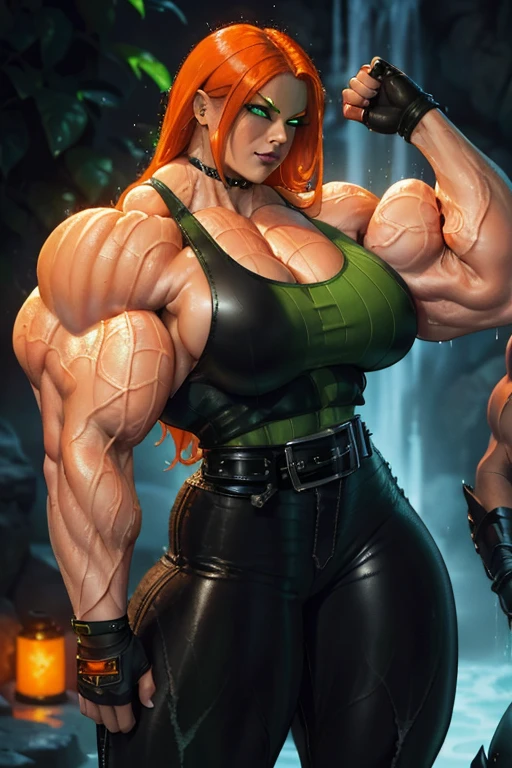 Full body shot of The Unstoppable She-Hulk Transformation: Full body shot, Red Sonja, the fierce warrior, finds herself in the midst of an unexpected and startling transformation. As she stands tall, her body begins to shift and change, taking on the form of the mighty She-Hulk. Her skin starts to turn green, a vivid contrast to her fiery red hair, and her veiny muscles expand with incredible power, tearing through her silver chainmail bikini. The once-revealing outfit now lies in tatters, unable to contain her newfound size and strength. Sonja's breasts and backside inflate, enhancing her figure with voluptuous curves. huge breasts, dark green thick nipples, The stretched and broken chainmail struggles to cover her huge swelling assets, unable to hide the pleasure and arousal evident on her face. Her nipples stand erect, straining against the fabric, while her growing ass adds to her imposing presence. As she looks down, her expression is a mix of shock, anger, and unadulterated pleasure. She sees her massive foot bursting through the confines of her boot, the leather unable to withstand the expansion of her muscular veiny powerful legs. The green hue of her skin spreads, covering her body and emphasizing her new Hulk-like state. The sword she once held with such skill falls from her grasp, clattering to the ground as she becomes consumed by the raw, primal power coursing through her veins. Red Sonja's eyes reflect the turmoil within—anger at the loss of control, shock at her newfound form, and undeniable pleasure at the sensations coursing through her transformed body. It's a moment of both chaos and discovery as she embraces the sheer, unbridled power of the She-Hulk.,exploding clothes, tented nipples, dark green nipples, breast expansion, huge breasts, undersized clothing, torn clothing, dynamic poses