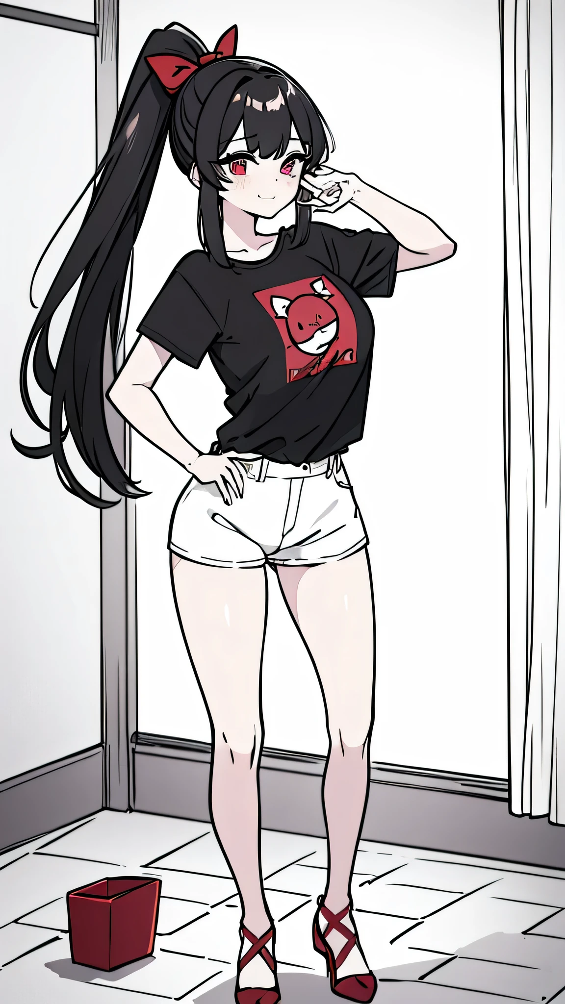 using pantimedies, wavy black hair, piercing look with deep red eyes, average stature, Waist length hair, Silky hair with a ponytail hairstyle collected with a red bow with two white lines, has a vagina, has breasts, cup of breasts, small breasts, slim, foreground, Session, sitting in her room, standing in his room, wearing pantyhose, using pantimedies, Picardias, neckline, looking at the viewer, lascivious smile, ((oversized t-shirt)), off the shoulders, without pants, washing machines, thighs, ((White T-shirt)), standing, hands on the hips,, shoes, blush, from below, thighs gorditos, thighs grandes, big ass