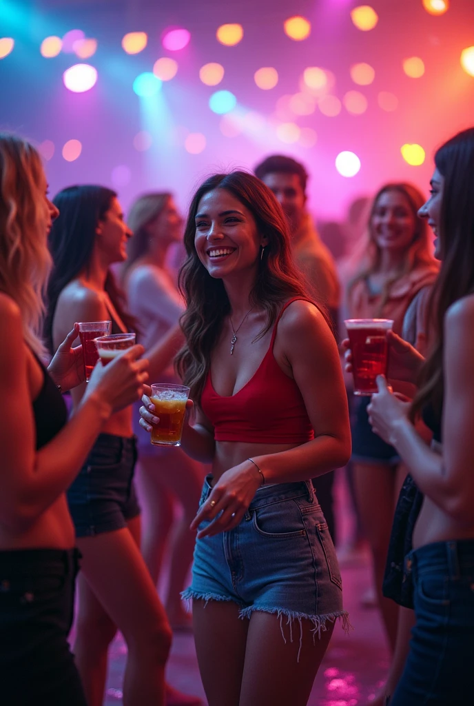 college party with many sexy college girls, seductive face, sexy body, smiling, seductive look, dancing, party atmosphere, after having sex, sex face, flushed face, detailed eyes