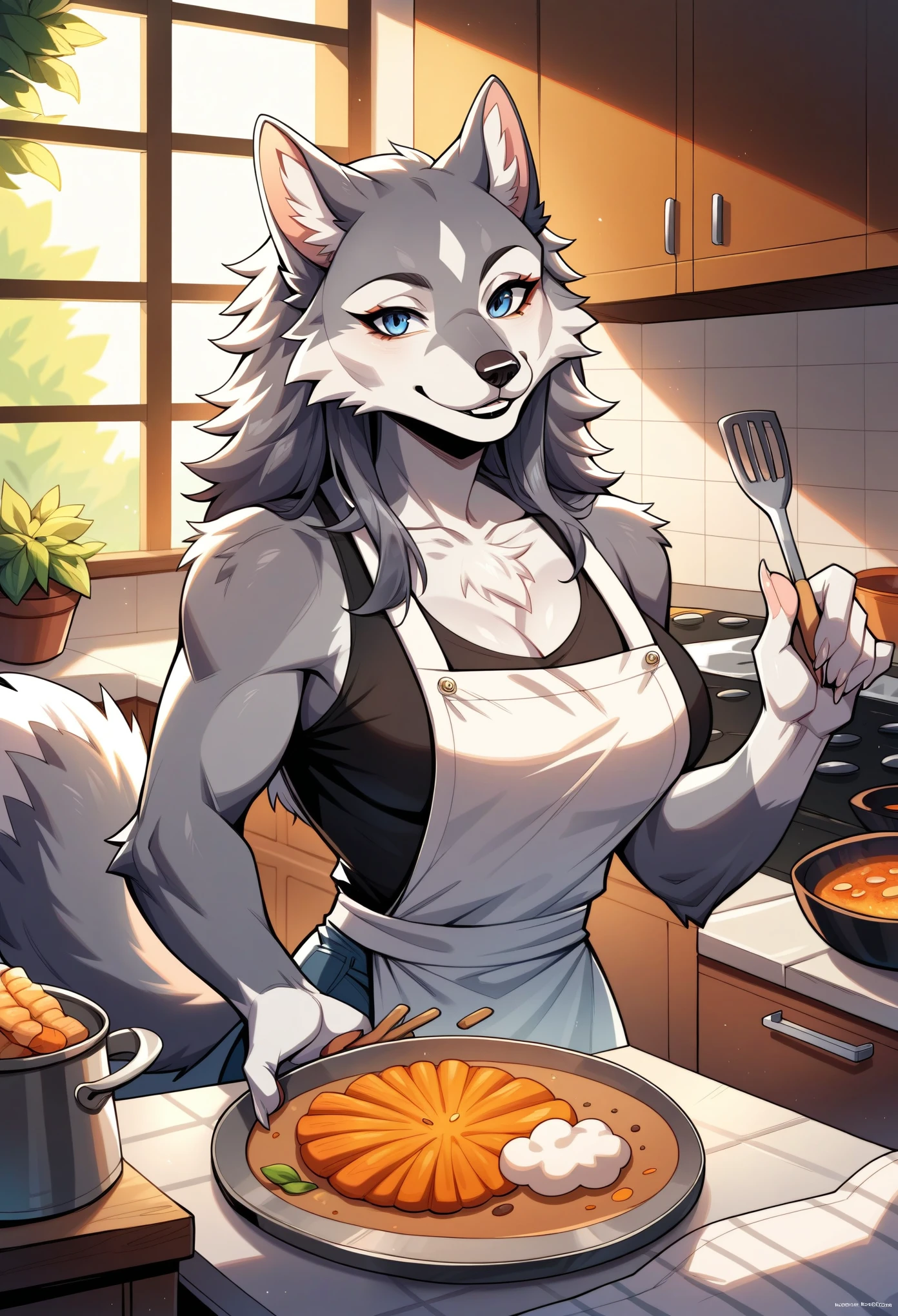 rating_safe, score_9, score_8_up, score_7_up, score_6_up, score_5_up, score_4_up, hires, highres, source_furry, cover page, Cuisine Information Journal(lovers, housekeeper girl, cooking, wolf husband)Newlyweds, kitchen, smile:0.2, perfect anatomy, cinematic lighting,