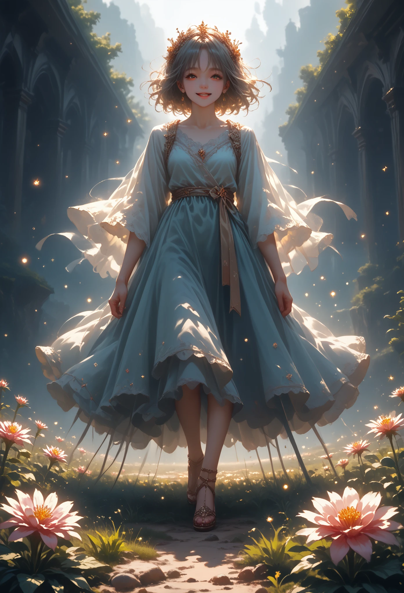 Full Length Girl in the Field with a Smile on Her Face, joy, sparkles, Detailed A stream runs from the mountain, Flowers and Leaves Swirl Around Beautiful View, maximum details, The Complete Picture of Life, Large Format Painting, score_9, score_8_up, score_7_up, dramatic lighting, highly detailed, high budget, bokeh, cinemascope, moody, epic, gorgeous, film grain, grainy, masterpiece, best quality, perfect anatomy, very aesthetic, official art, 8k, Shine, sexy, sparkles,