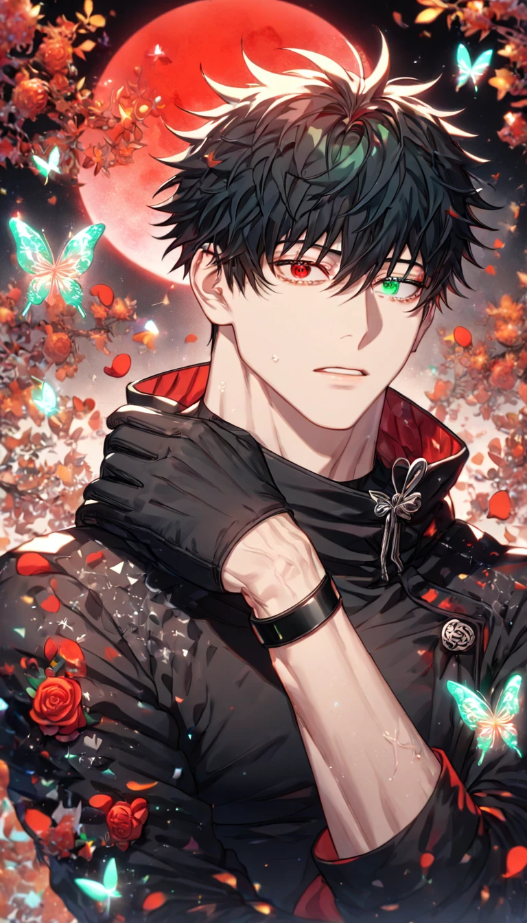 absurdres, highres, ultra detailed, HDR) master piece, best quality, extremely detailed, Kang Woojin, black hair, messy hair, heterochromia, expressive right red eye, expressive left green eye, hair between the eyes, Love Jinx, solo, sexy man, handsome, manly man, adult face, cropped black jacket with orange inside, high collar, black tight shirt, black bracelets, black gloves, toned, black leather pants, fantasy, magical, red roses, red petals, night, red moon, red glittering butterflies, autumn, orange trees, orange leaves, Jujutsu Kaisen