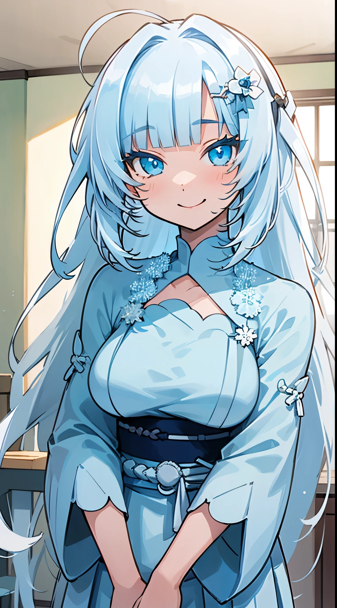 One girl、solo、Gray Hair,Long Hair,Dazzling Blue Eyes,Attractive girl,Big Chest,Soft bangs,White and blue tones,Bright smile、smile、Residential Indoor in Japan