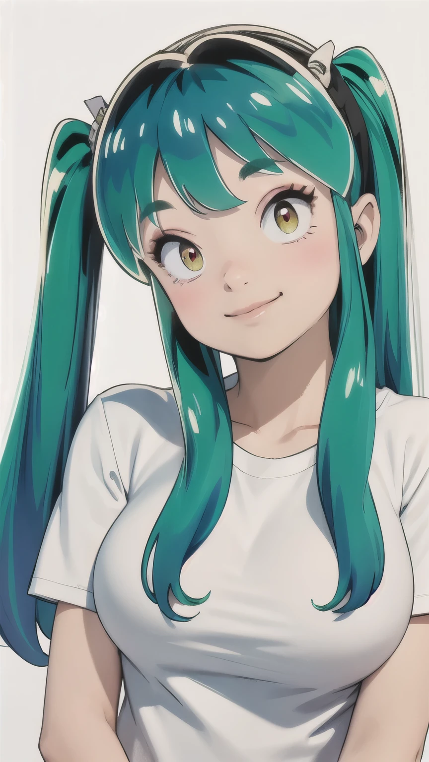 Ram、White T-shirt、Green Hair、Twin tails、Upper Body、Face close-up、Photographed from the front、smile、Blushing、Large Breasts、masterpiece、Simple Background、Highest quality