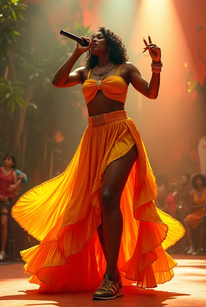by royo, hyperdetailed, hyperrealistic, vivid portrait of a beautiful african woman in an African designed 80s- sfrican inspired outfit with vibrant colors, exaggerated shoulder pads, and bold accessories. Striking a powerful pose with an intense gaze, surrounded by a halo of smoke in tones that enhance her expression. In a banana plantation, night time the smoke mimicking waves, matching the colors of her outfit. Perfect composition, exquisite attention to small details, realistic reflections, UHD, 8k, ultra-detailed texture, volumetric light, cinematic effects, masterpiece, trending on ArtStation, Octane 3D rendering