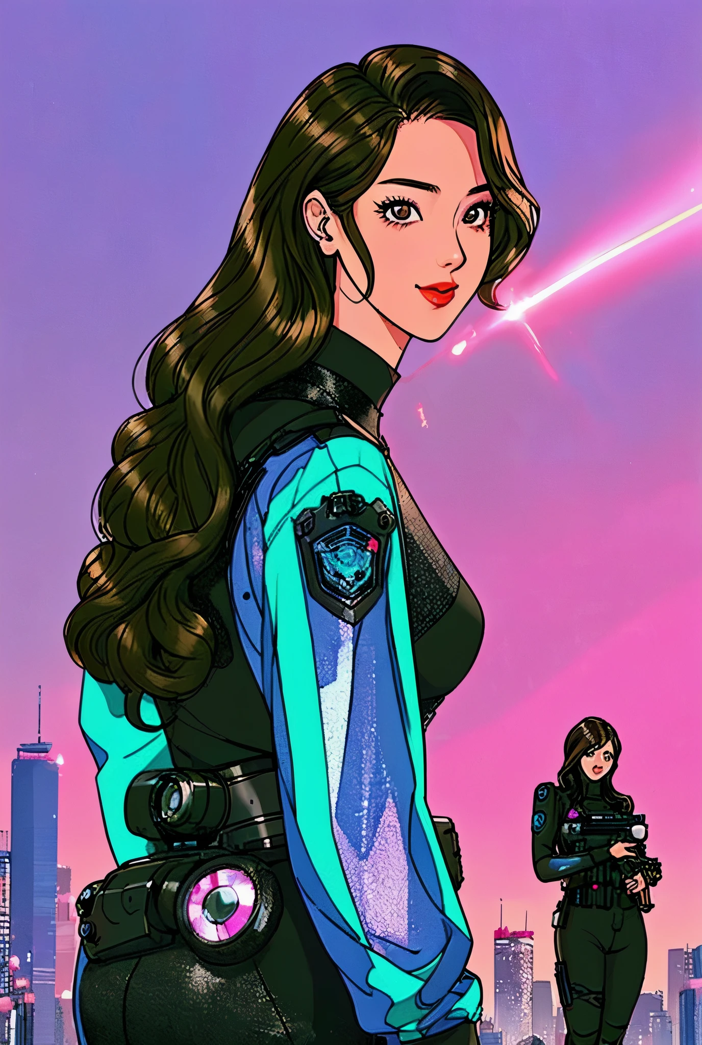  manhwa , (pretty girl, 2, brunette, black eyes) at cyberpunk world dressed as futuristic law enforcer, (full lips) , ((perfect face)), [[mild smile]], proportionate body,mixed herritage, beautyfull, beautyfull face, tanned skin, two arms, two legs, five fingers by hand, (curly black long hair), ( holographic screen floating at air), (night) night skyline, neon, people, (lasergun), futuristic gun, goggles, futuristic police stuff, jacket, badass, [cyborgs], (drone at background), police chopter at background, screens at buildings side, [photo taken from behind], (award winning photo), (instagram influencer photo), (realistic), nikon, canon, Sigma 85mm f/8cel shading, 
