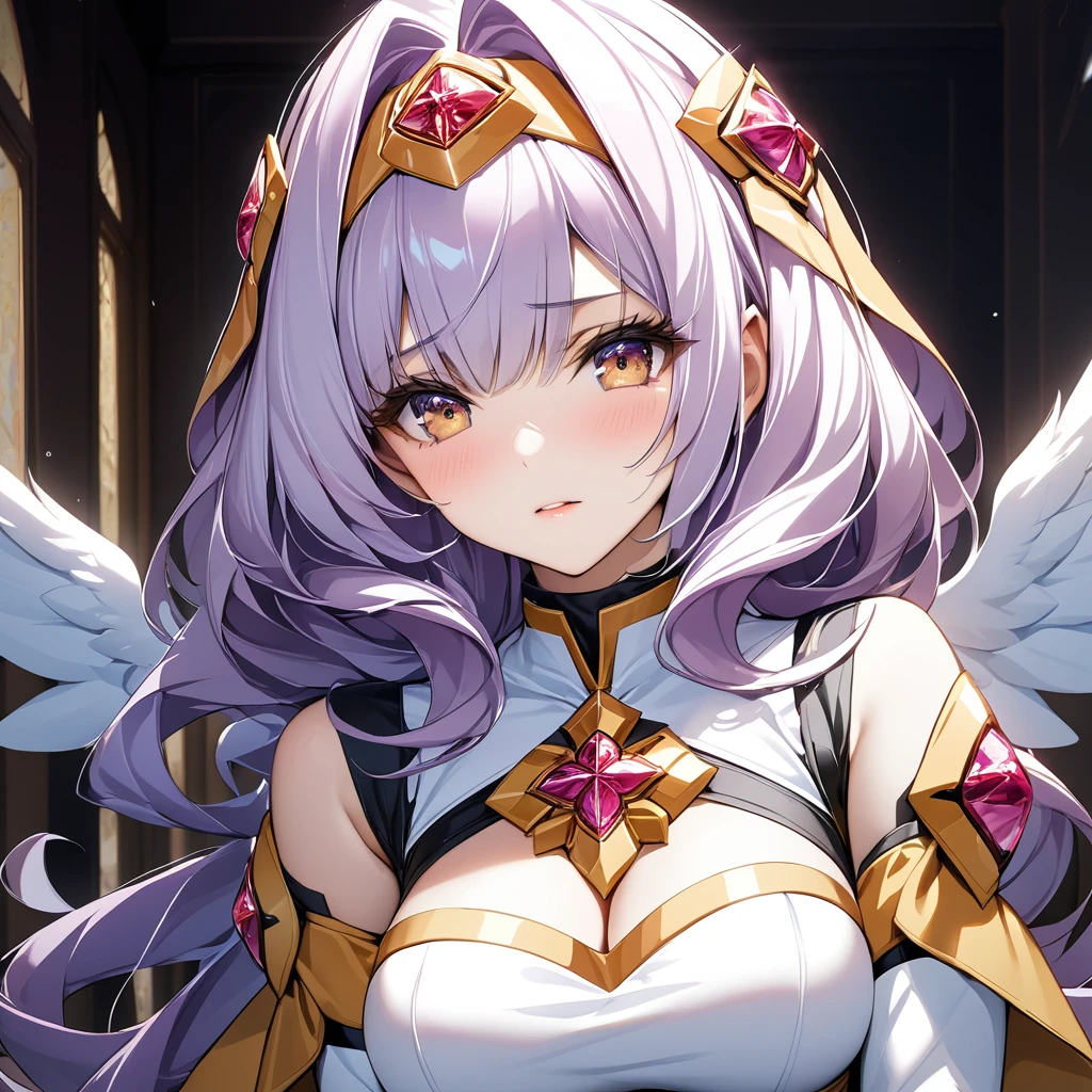 ((Highest quality)), ((masterpiece)), (detailed), （Perfect Face）、The woman has light purple hair in Extia Magica、The woman is blessed by God and brainwashed into becoming an angel loyal to God.