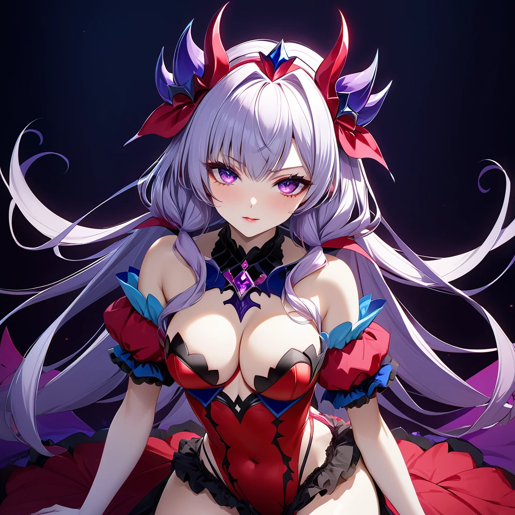 ((Highest quality)), ((masterpiece)), (detailed), （Perfect Face）、The woman is Extia Spica, not a human but a succubus.、The woman turns to evil and is reincarnated as a seductive and erotic succubus, becoming the evil queen who charms all.