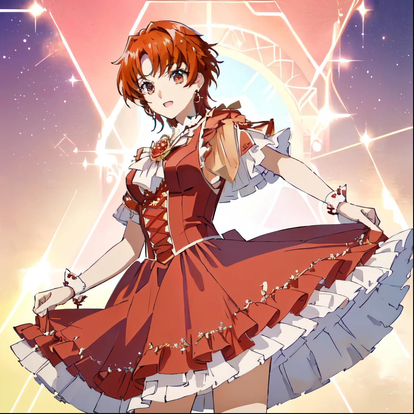 masterpiece、Highest quality、High resolution、1boy、Short Hair、Red hair、Brown eyes、独奏、jewelry、pink flower hair ornament、Vivid anime style、is standing、Red dress、butterfly brooch、Puff sleeves、gloves、Layered skirt、mini skirt、Red Boots、Dynamic lighting from above、Light shadows、Vibrant and lively atmosphere、magical boy、Middle Angle Shot、Clear focus、Revealing images、looking at viewer、Cowboy Shot、Male focus、(male body:1.3)、