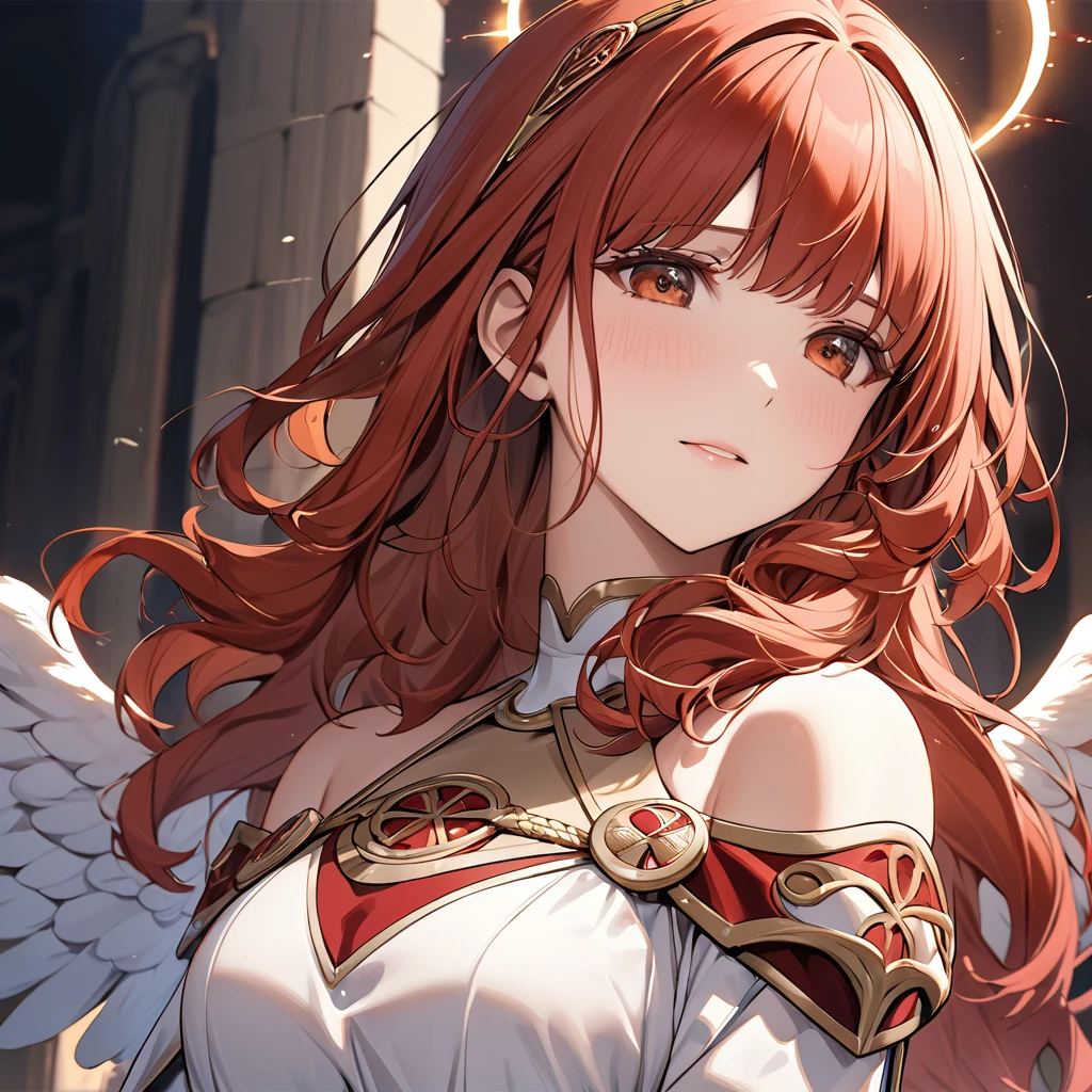 ((Highest quality)), ((masterpiece)), (detailed), （Perfect Face）The woman is a Celica with red hair.、The woman is blessed by God and brainwashed into becoming an angel loyal to God.