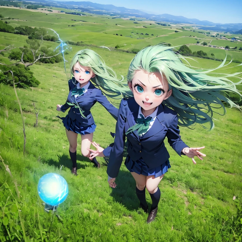 (Ultra HD)、(Full body description)、((Masterpiece))、(((Green Energyボール:1.5)))、((Smooth green ball))、(Fine skin)、((Delicate face))、A kind smile、Provocative、Blue Eyes、Green Wind Energy、View from above、広いMeadow、Green Aura、Green Energy、girl、JK、(High School Uniform)、Red bow tie、Navy blue uniform、Brown Bob、Calm background、Meadow、The wind is blowing、blue sky、Cute face、Expansive blue sky