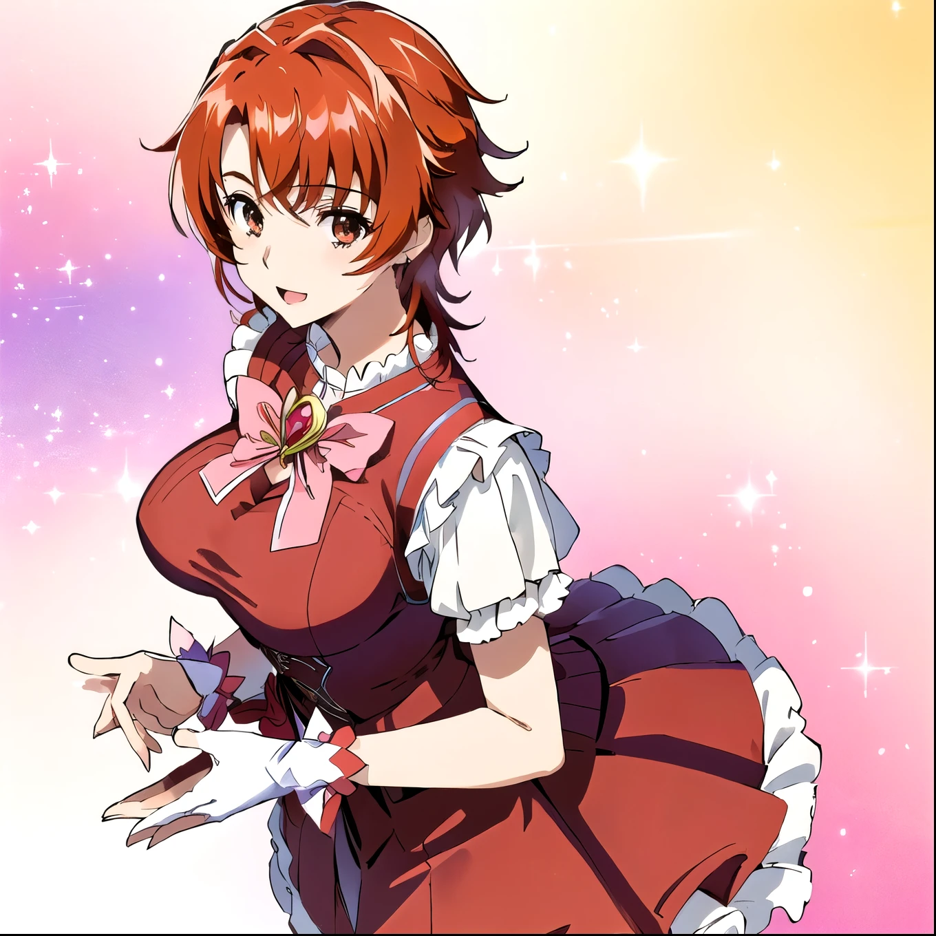 masterpiece、Highest quality、High resolution、1girl、Short Hair、Red hair、Brown eyes、独奏、jewelry、pink flower hair ornament、Vivid anime style、A girl is standing、Red dress、butterfly brooch、Puff sleeves、gloves、Big Breasts、girl with big breasts、Layered skirt、mini skirt、Red Boots、Dynamic lighting from above、Light shadows、Vibrant and lively atmosphere、magical girl、Middle Angle Shot、Clear focus、Revealing images、looking at viewer、Cowboy Shot、Female focus、