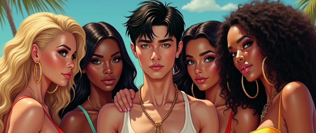 (((best quality))), muito detalhado, High resolution, 1 thin male, white teen boy 20 years old with medium length black hair, shaved, 9 women female, blondie hair and Latinas, clear green eyes, fleshy lips, heavy make-up, beautiful blonde with huge breasts, naked, Luciana Vendramini'Dude, Hourglass body, super realistic, fucking and moaning, natta, outdoor, comic