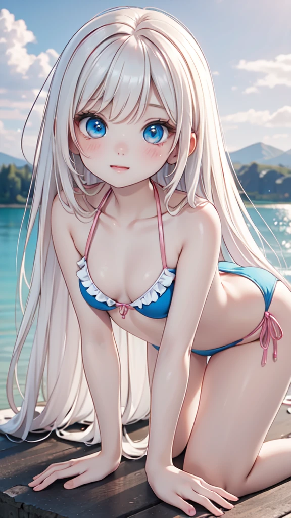 Highest quality。High resolution。Super detailed。European woman in her late 20s。Anime style illustrations。Short and young々New Appearance、Fair skin。Short and young々New Appearance、Long bright golden white hair、Big Blue Eyes。Delicate and slender figure。Modest chest、A light smile、Shy、(One piece swimsuit)、(On a beautiful lake、Beautiful sky)、(On all fours)、(Modest chest、Medium Hips)、sitting、From the back、