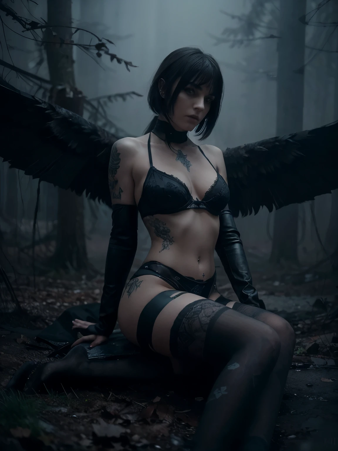 (Best Quality,hight resolution,Masterpiece, full body shot:1.2),Ultra-detailed,tattoed woman with wings dressed in black lingerie,sickly,sitting down in a frozen forest, she has black wings, looking at the camera, she has a very pronounced cameltoe, horror movie, cold atmosphere, she's wearing high waisted thong, fishnet top, sensual pose, sexy and creepy, perfect body, looking at the camera, very sexy g-string thong, she has a lot of tattoes, cold winter ambient, gloomy ecstasy,fetish,dark gloomy atmosphere, creepy atmosphere, gritty texture,Retro-atmosphere,warped reality,melancholic expression on their faces,mysterious aura,foggy atmosphere,foggy background,blue color palette,provocative pose,Strong emotions,Coming Out of the Depths of Despair,Piercing gaze,intense shadows,Plunged in Darkness,dark industrial aesthetic,ominous vibe,A supernatural sensation,Loss of Place in Time and Space,Eerie silence, cold ambient, haze, cold and dark scenario, bangs haircut, brunette, goth style.