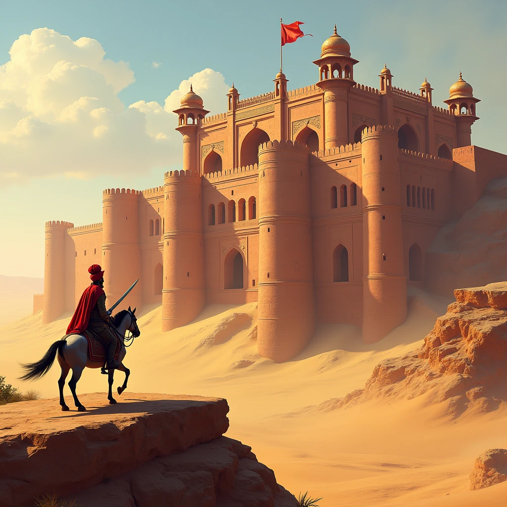 A hindu rajasthani fort middle in desert , fort arround hindu rajput warrior 