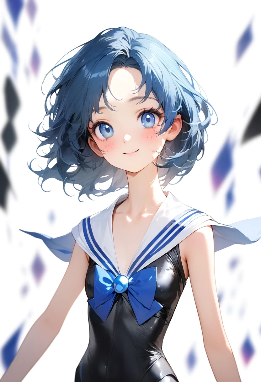 ((masterpiece,Highest quality:1.3,Highest qualityのイラスト)),((Realistic:1.2)),solo,1 Female,1 Beauty、Sailor Mercury,Blue Hair、(Center parted bangs),Iris,(Gorgeous big eyes),((very small head:1.4)),smile,((Slender body:1.2,skinny)),(Sunburn:1.4),Small breasts,(Wrapped in black tape),Glowing Skin,Oily skin,Slender body,(1 girl:1.5),(((standing posture:1.5))),(detailed body:1.4),(beautiful skin:1.4),(Japanese:1.5),(((whole body:1.5))),(((front:1.5))),(((look around:1.4))),(look at me:1.5),(fine skin:1.3),(beautiful face:1.3),(fine hands:1.4),(beautiful hands:1.4) ),((white background:1.5)),(((blurred background:1.5))),(alone:1.5),BREAK(wallpaper),(masterpiece:1.5),(highest quality:1.5),8k,(((Super detailed:1.5))),(High resolution:1.5)、Background is white