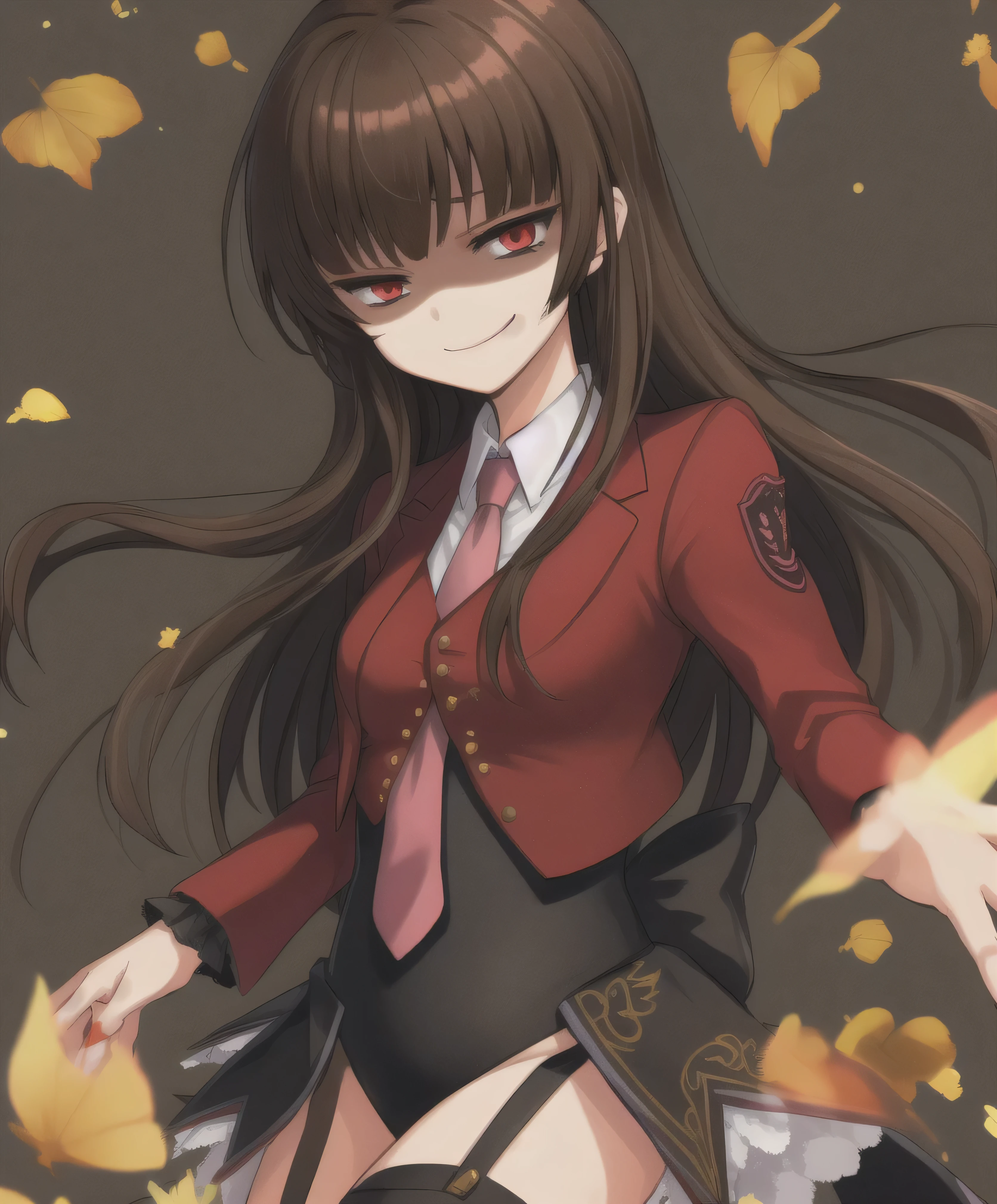 mammon \(umineko\),  long hair, straight hair, red eyes, stakes of purgatory, 1girl, solo, red jacket, cropped jacket, white shirt, undershirt, collared shirt, frilled leotard, showgirl skirt, garter straps, black thighhighs, (((umineko no naku koro ni)))   sadistic smile,deep shaded face(eyes in shadow),,smile worst,worst ridecule,evil moukery,,,two hands,five fingers,black background,A face full of evil,Too evil ridicule,black hair,solo,