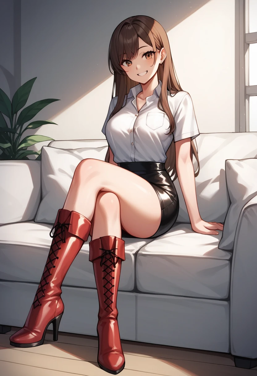 1girl, 34yo sofia takigawa_jav, breasts, eyelashes, looking at viewer, cowboy shot, sitting, crossing legs, dynamite lighting, attractive body, wearing office attire, white blouse, red singlet, belt, black pants, brown knee heel boots
(ulzzang-6500:0.0), (ultimate quality, masterpiece, highres:1.0), (photorealistic, realistic:1.9), nice hands, peeing herself, peel puddle,