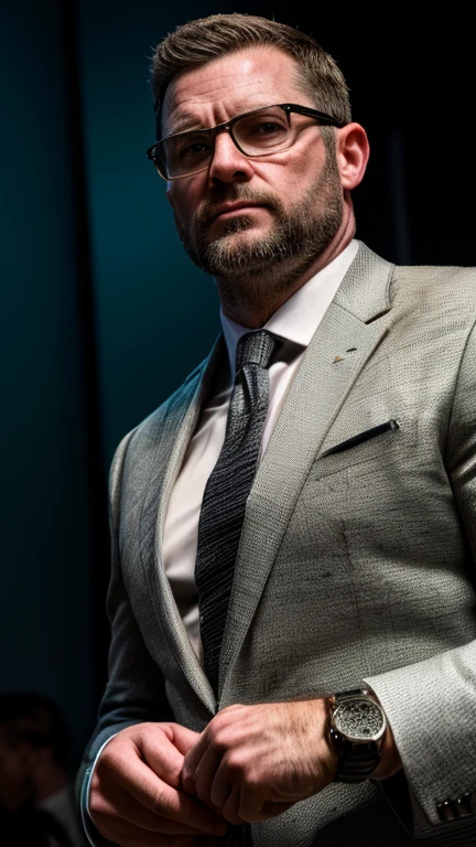 An award-winning original photo，A muscular man, (40 years old daddy:1.1), 1boy, Solo, (black suit), (white dress shirt), (black print necktie), (big shoulders), musculature, dad bod, stubbles, Short beard, (Detailed body), realistic eyes, wearing glasses, deadpan, (fixing his wrist watch pose), (looks intimidating), looking at viewer, dark lighting, (Best quality, A high resolution, Photorealistic), Cinematic lighting, Masterpiece, RAW photo, Intricate details, hdr, depth of field, upper body shot, (realistic:1.2), (from the front and from below)