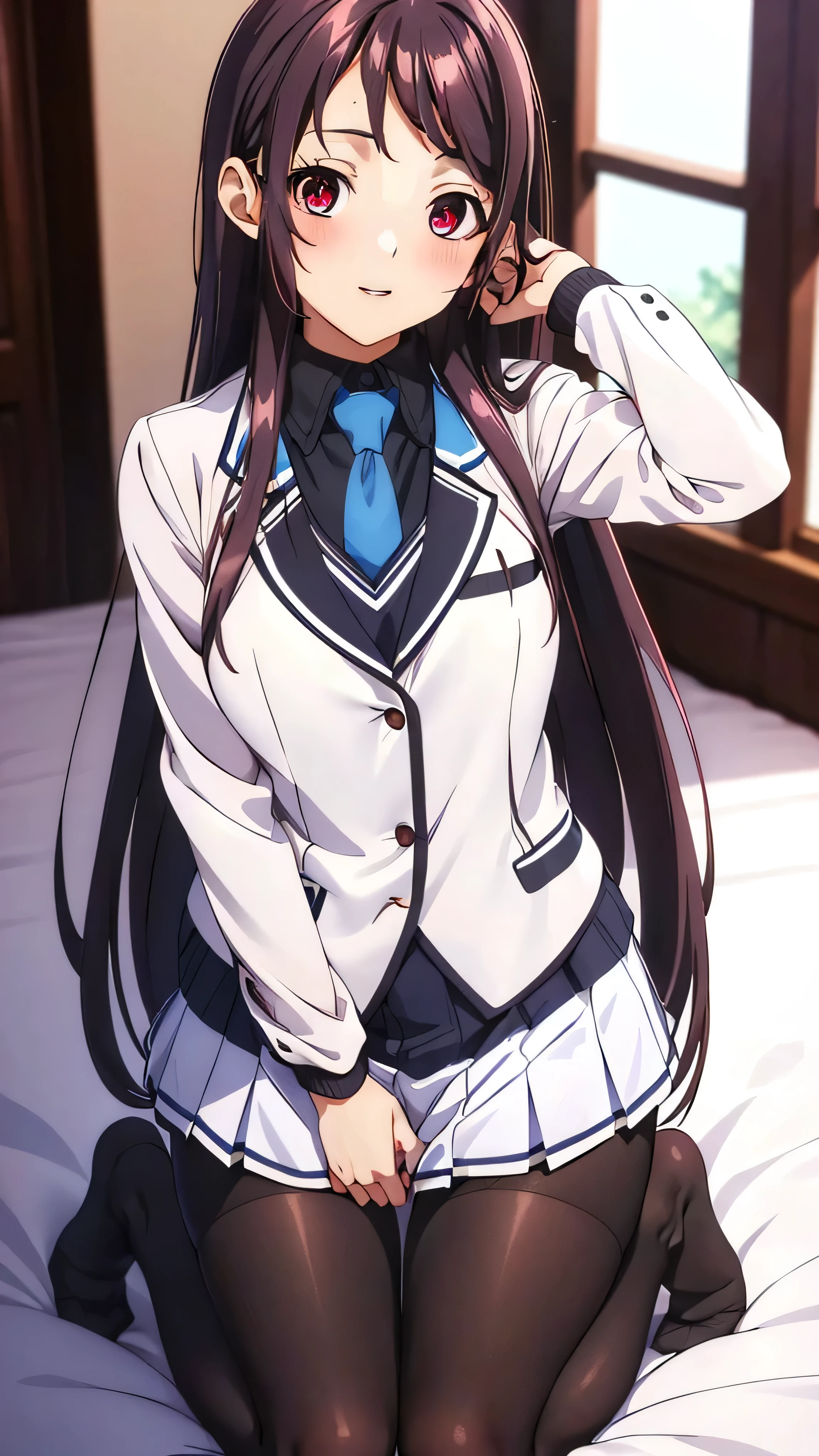 Show your armpits,Kaori Hojo, girl, (masterpiece: 1.1), (highest quality: 1.1), red eyes, long hair, cute smile, blush, parted lips,((school uniform), jacket, sleeve, tie, white skirt),  (pantyhose), bed room, ((Kneeling pose:1.1)), (cinematic angle), gravure,